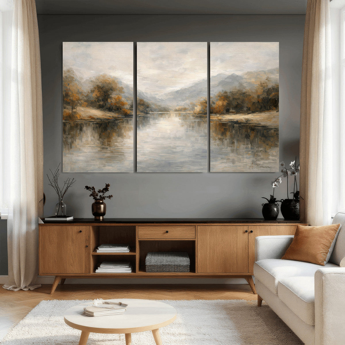 Neutral Abstract River Landscape Wall Art Canvas Print
