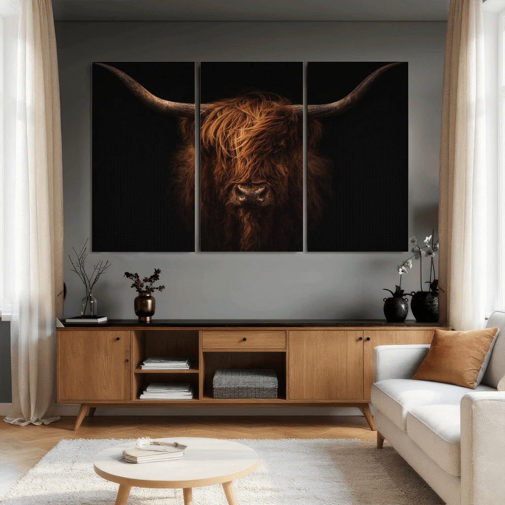 Highland Cow Wall Art Canvas Print | Moody Dark Rustic Farmhouse Portrait