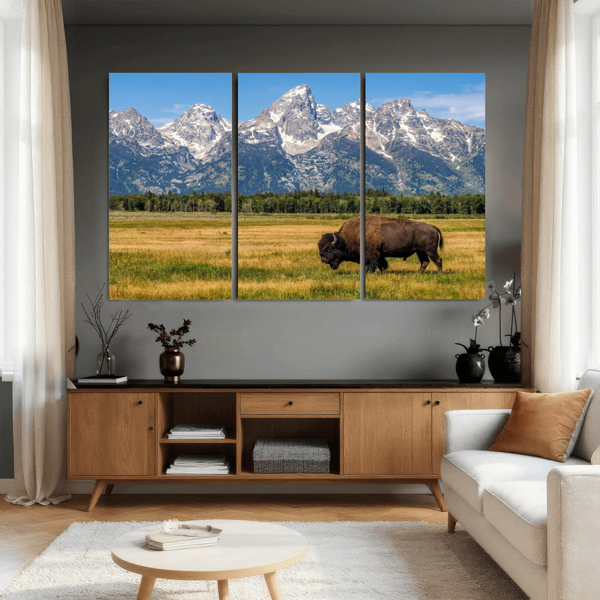 Bison in Mountain Landscape Wall Art Canvas Print, Western Decor