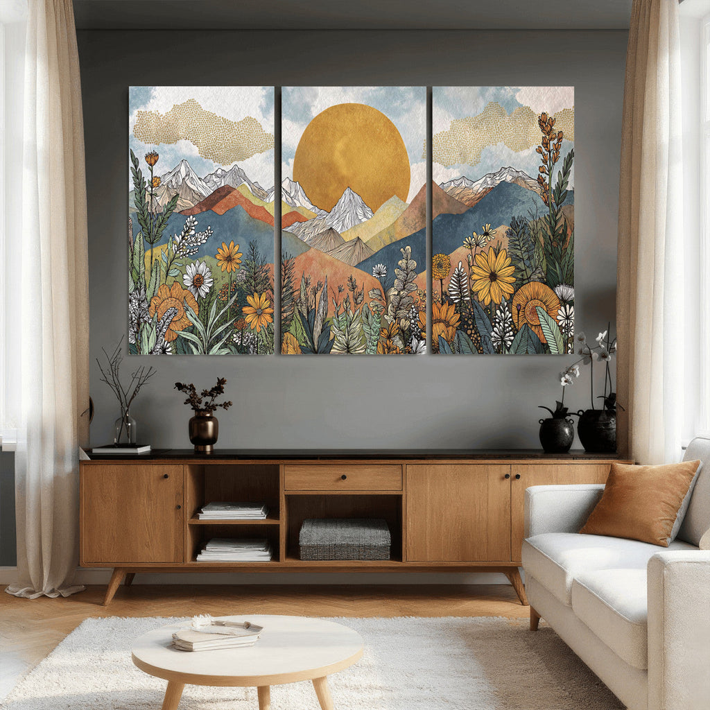 Boho Mountain Landscape Large Wall Art, Horizontal Gold Sun and Flowers Print