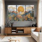 Boho Mountain Landscape Large Wall Art, Horizontal Gold Sun and Flowers Print