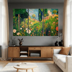 Gustav Klimt Boho Mountain Landscape Large Wall Art, Gold Sun and Flowers Print