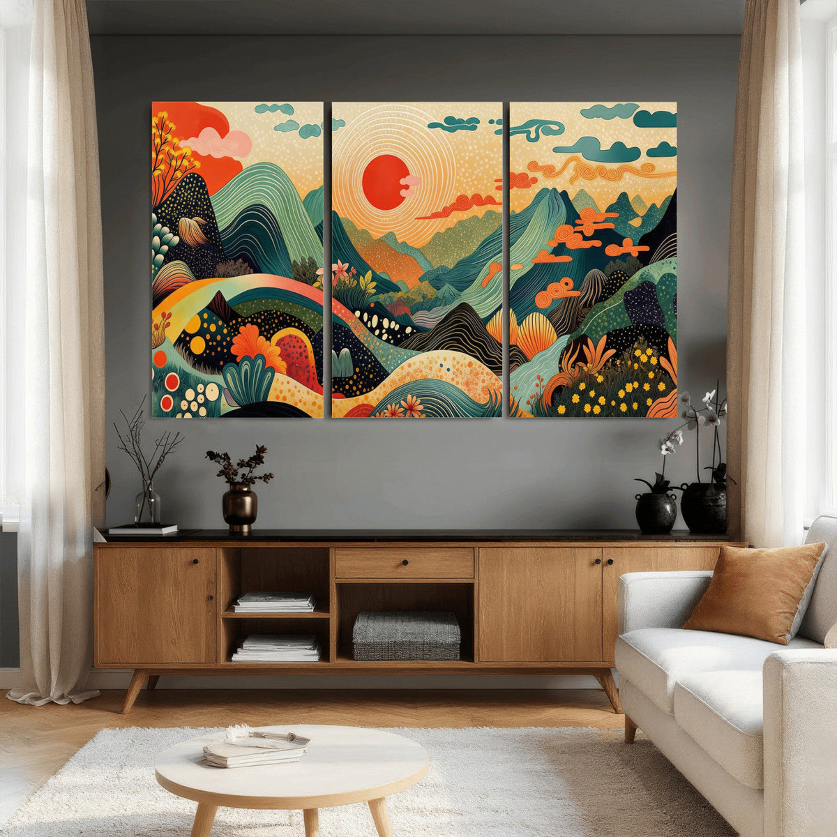 Yayoi Kusama Boho Mountain Landscape Large Wall Art, Gold Sun and Flowers Print