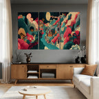 Colorful Japanese Landscape Print: Maximalist Panoramic Wall Art