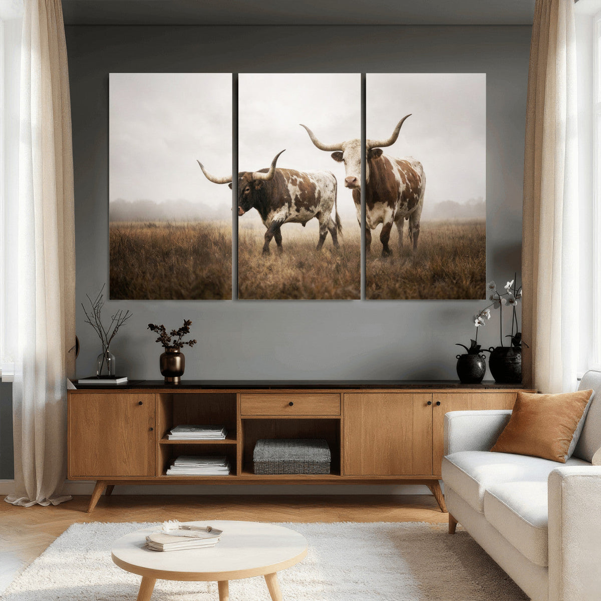 Texas Longhorn Canvas Wall Art Western Bull Desert, Rustic Farmhouse Wall Decor