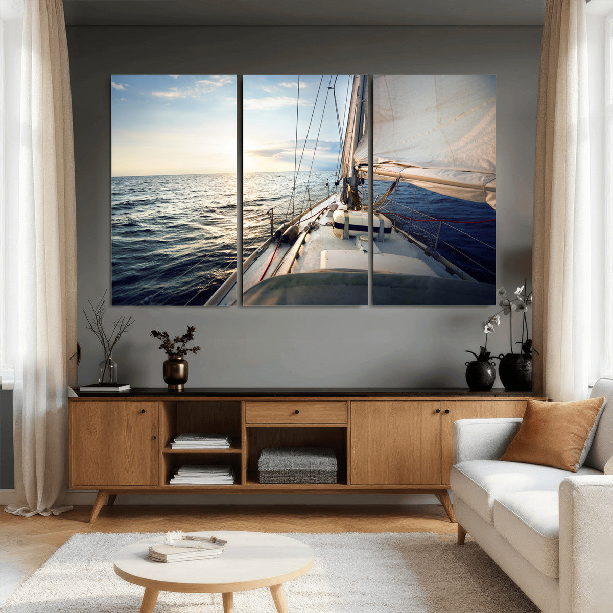 Sailboat Wall Art Canvas Print, Ocean Sunset Sailing Framed Artwork