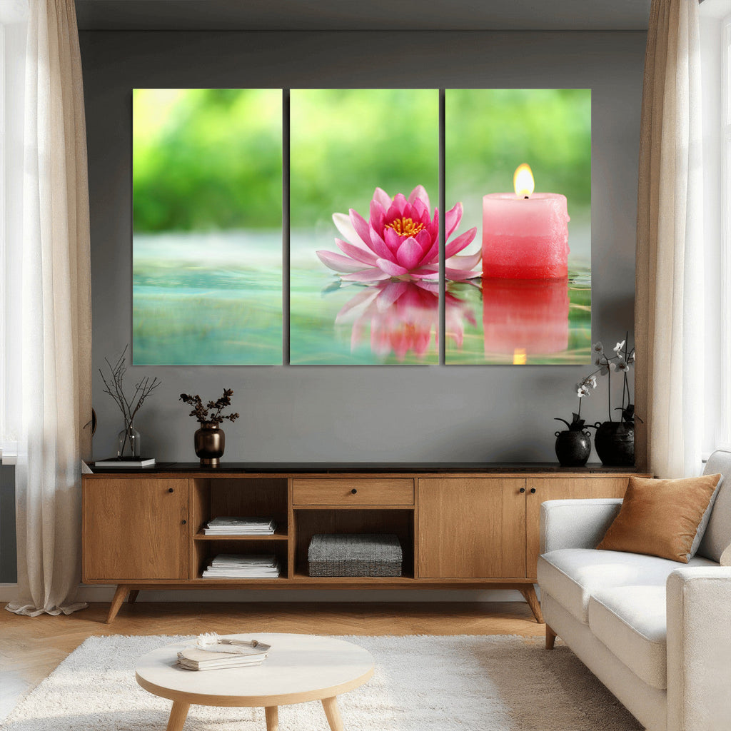 Zen Lotus Candle Canvas Wall Art, Pink Spa Meditation Decor