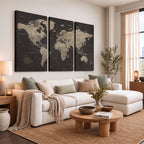 World Map Canvas Wall Art, Dark Charcoal and Antique Tan Detailed Map