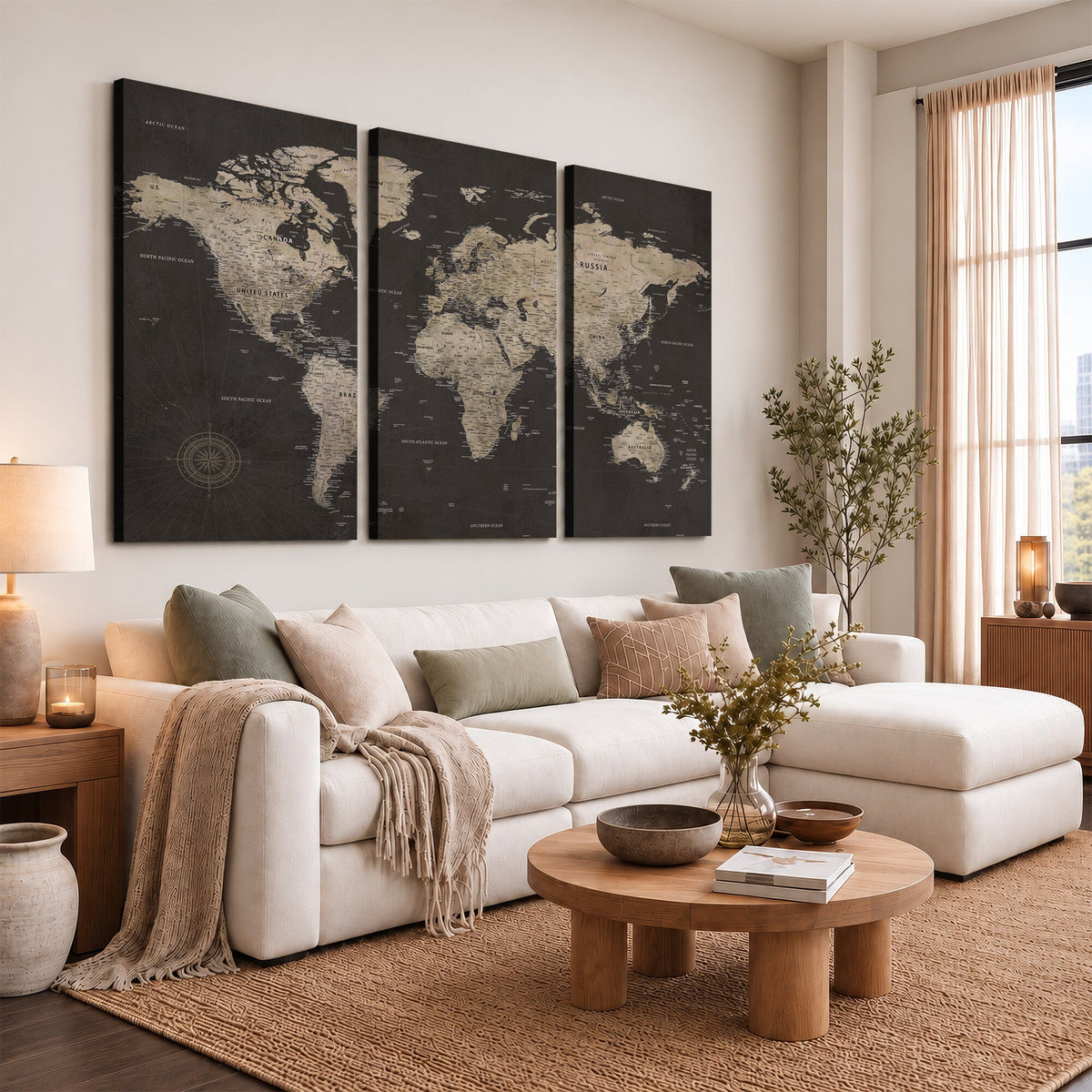 World Map Canvas Wall Art, Dark Charcoal and Antique Tan Detailed Map