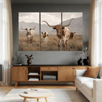 Rustic Texas Longhorn Cow Canvas Wall Art Print, Farm Animal Photography