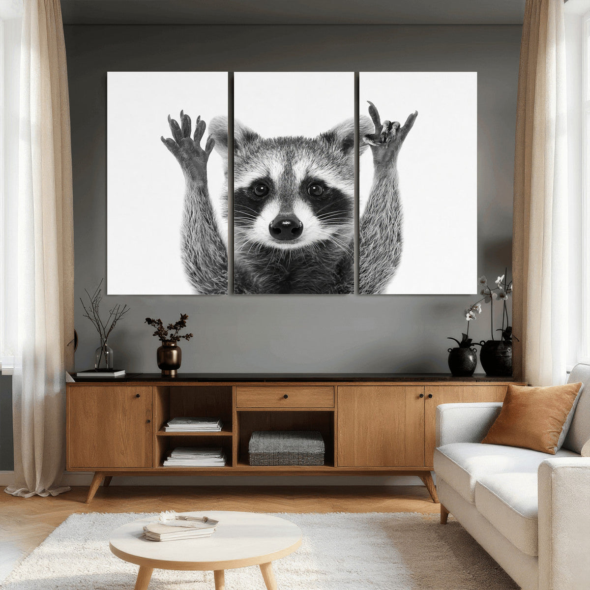 Funny Raccoon Canvas Wall Art, Black White Hands Up Animal Photo Print
