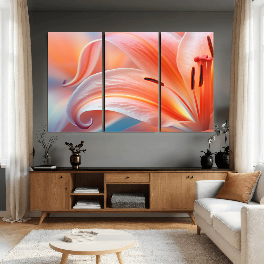 Peach Lily Canvas Wall Art, Coral Pink Flower Macro Photo Print, Botanical Decor
