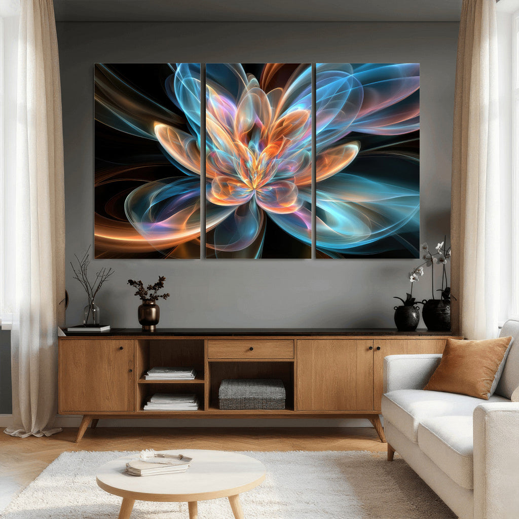 Fractal Lotus Canvas Wall Art, Blue Orange Glowing Flower Abstract Print