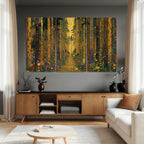 Gustav Klimt Style Forest Canvas Wall Art, Golden Forest Path Floral Art Nouveau Print