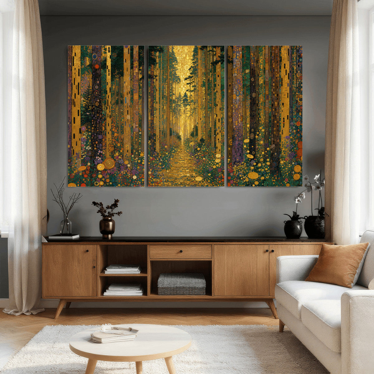 Gustav Klimt Style Forest Canvas Wall Art, Golden Forest Path Floral Art Nouveau Print