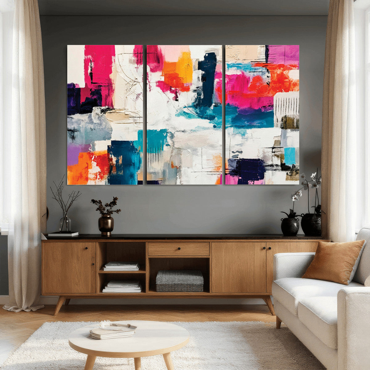 Blue Teal Abstract Canvas Wall Art, Modern Brushstroke Style Print, Navy Orange Contemporary Decor