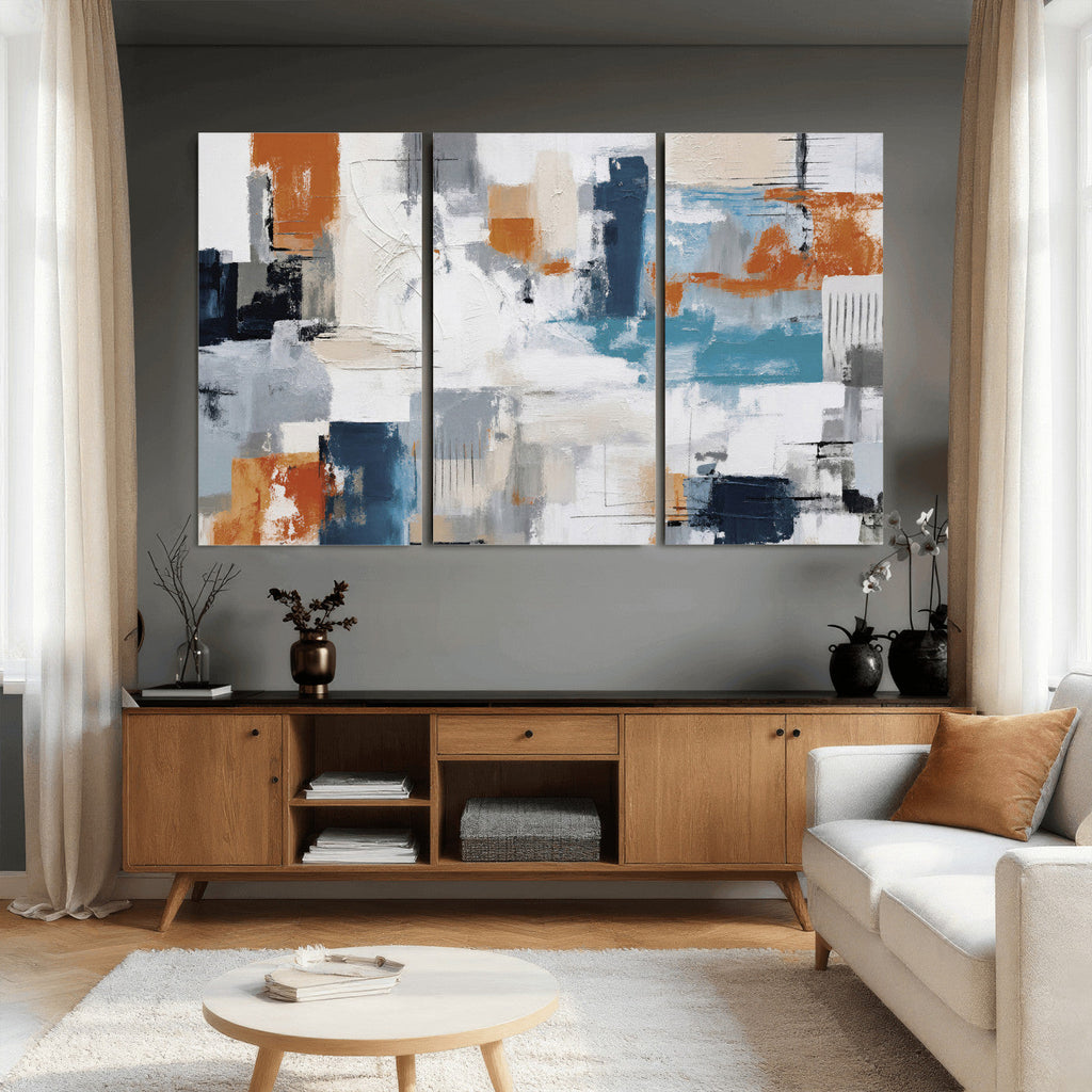 Blue Teal Abstract Canvas Wall Art, Modern Brushstroke Style Print, Navy Orange Contemporary Decor