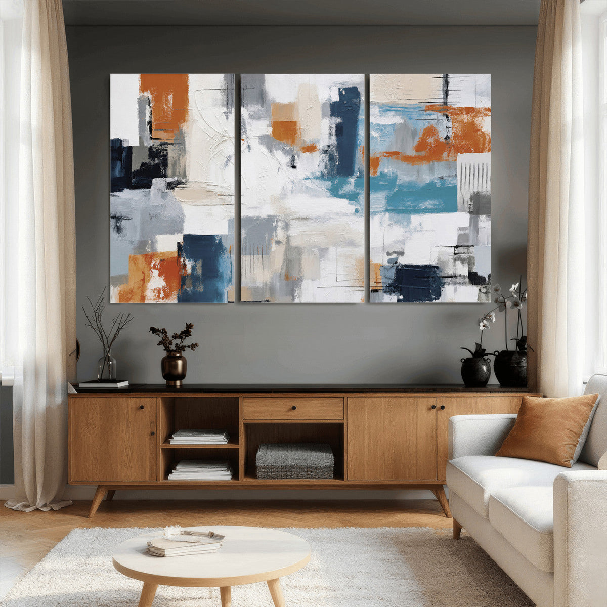 Blue Teal Abstract Canvas Wall Art, Modern Brushstroke Style Print, Navy Orange Contemporary Decor