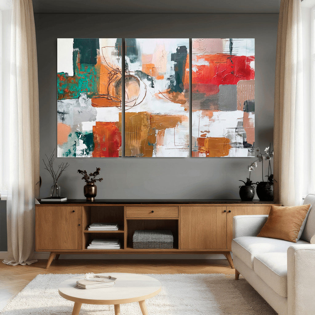 Blue Teal Abstract Canvas Wall Art, Modern Brushstroke Style Print, Navy Orange Contemporary Decor
