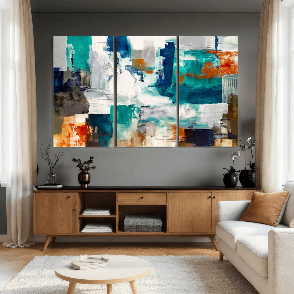 Blue Teal Abstract Canvas Wall Art, Modern Brushstroke Style Print, Navy Orange Contemporary Decor