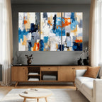 Blue Teal Abstract Canvas Wall Art, Modern Brushstroke Style Painting Print, Navy Orange Contemporary Decor