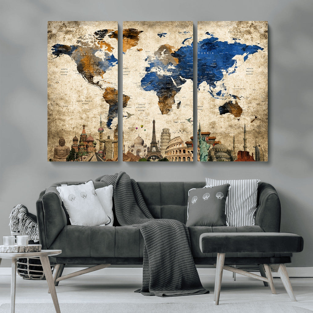 World Map Canvas Print | Vintage Blue and Gold World Map Wall Art
