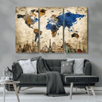 World Map Canvas Print | Vintage Blue and Gold World Map Wall Art