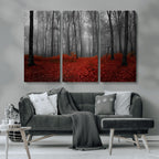 Red Forest Floor Canvas Wall Art | Mystical Foggy Woodland Triptych