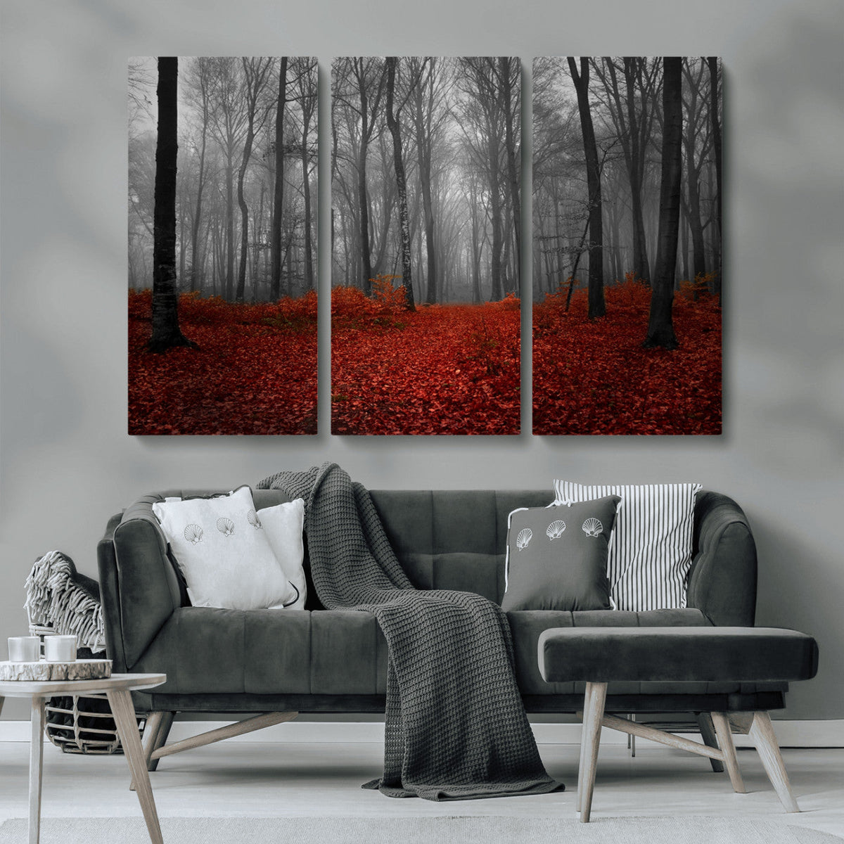 Red Forest Floor Canvas Wall Art | Mystical Foggy Woodland Triptych