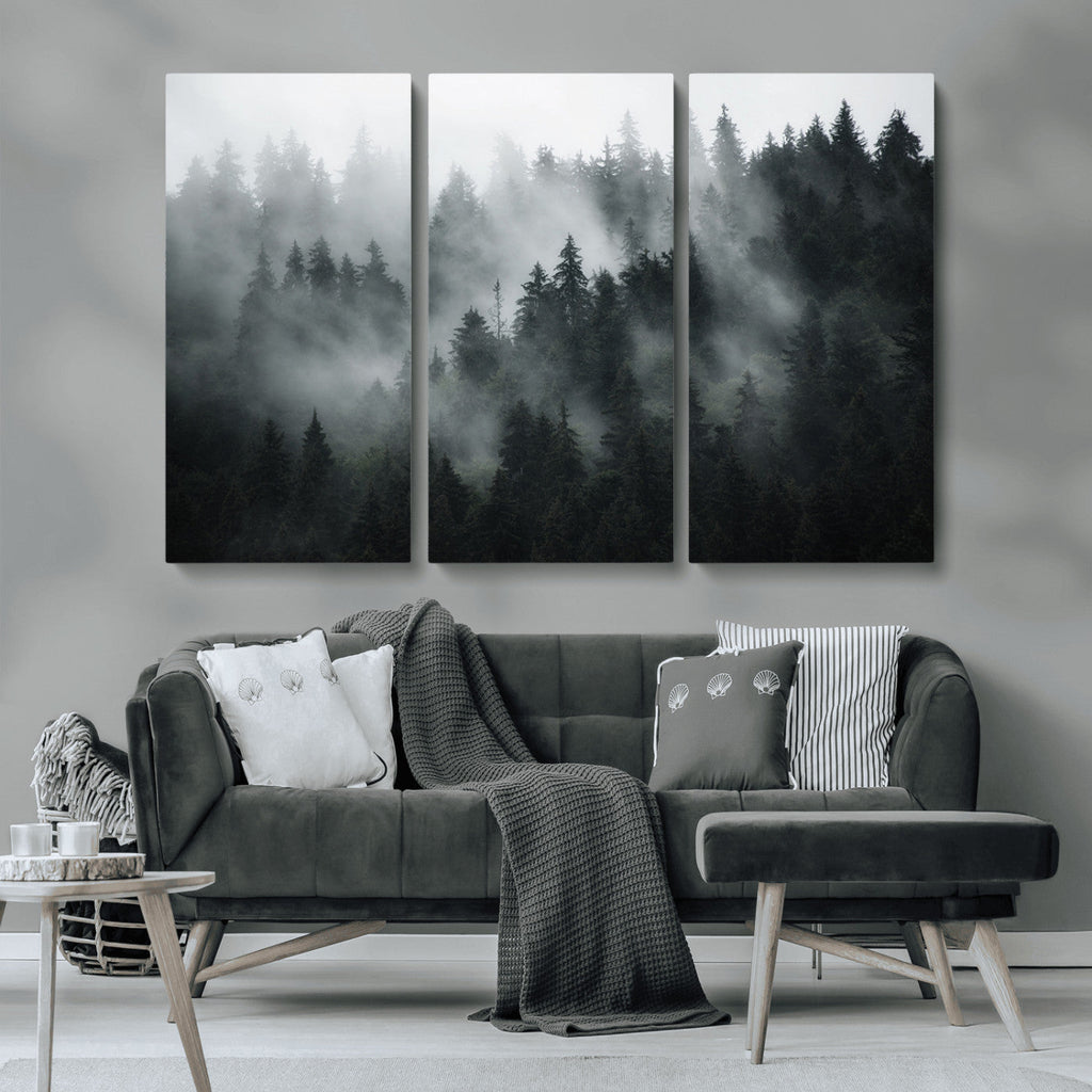 Foggy Forest Wall Art Canvas Print | 3 Panel Large Misty Landscape