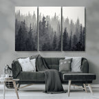 Misty Forest Canvas Wall Art | Monochrome Triptych Pine Tree Print