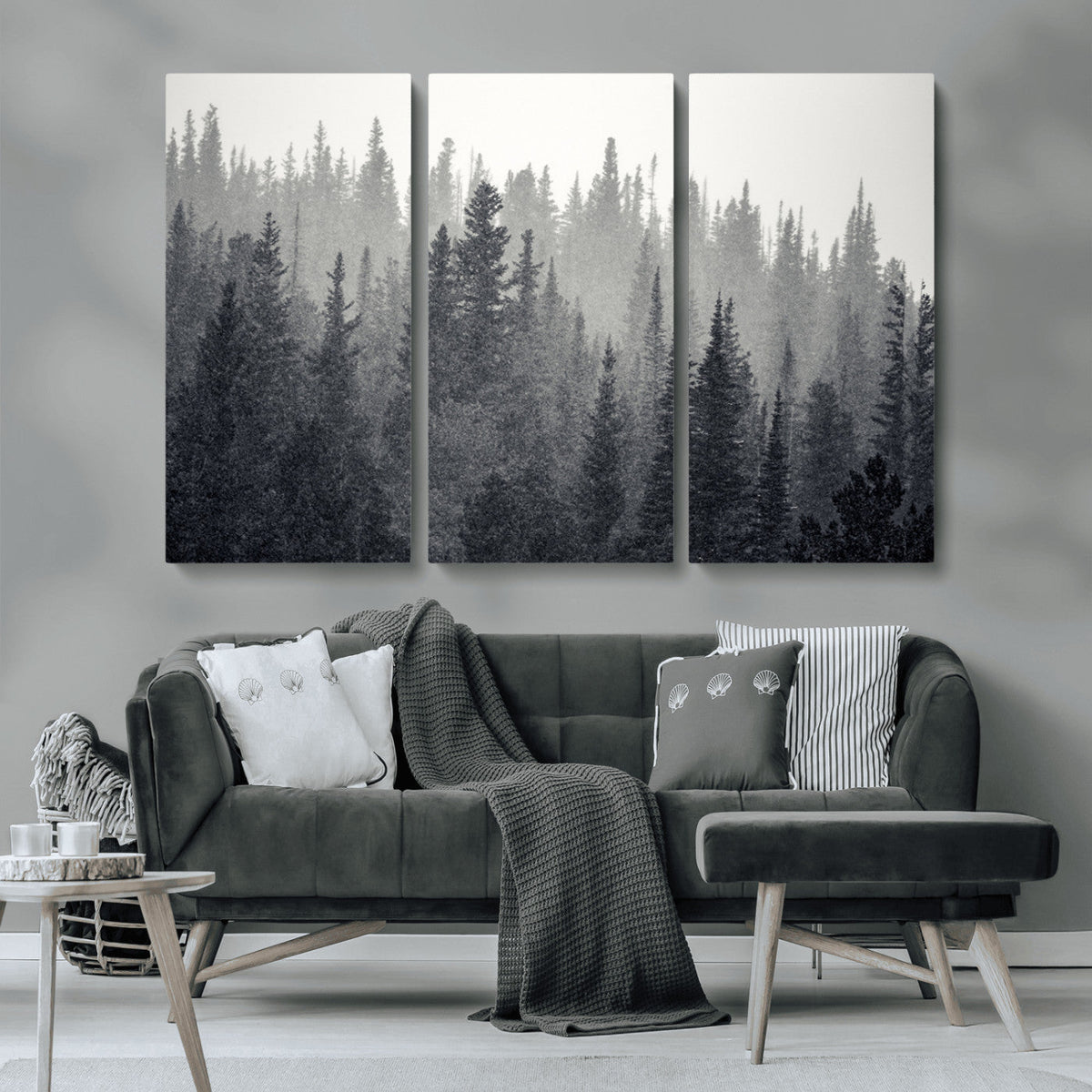 Misty Forest Canvas Wall Art | Monochrome Triptych Pine Tree Print