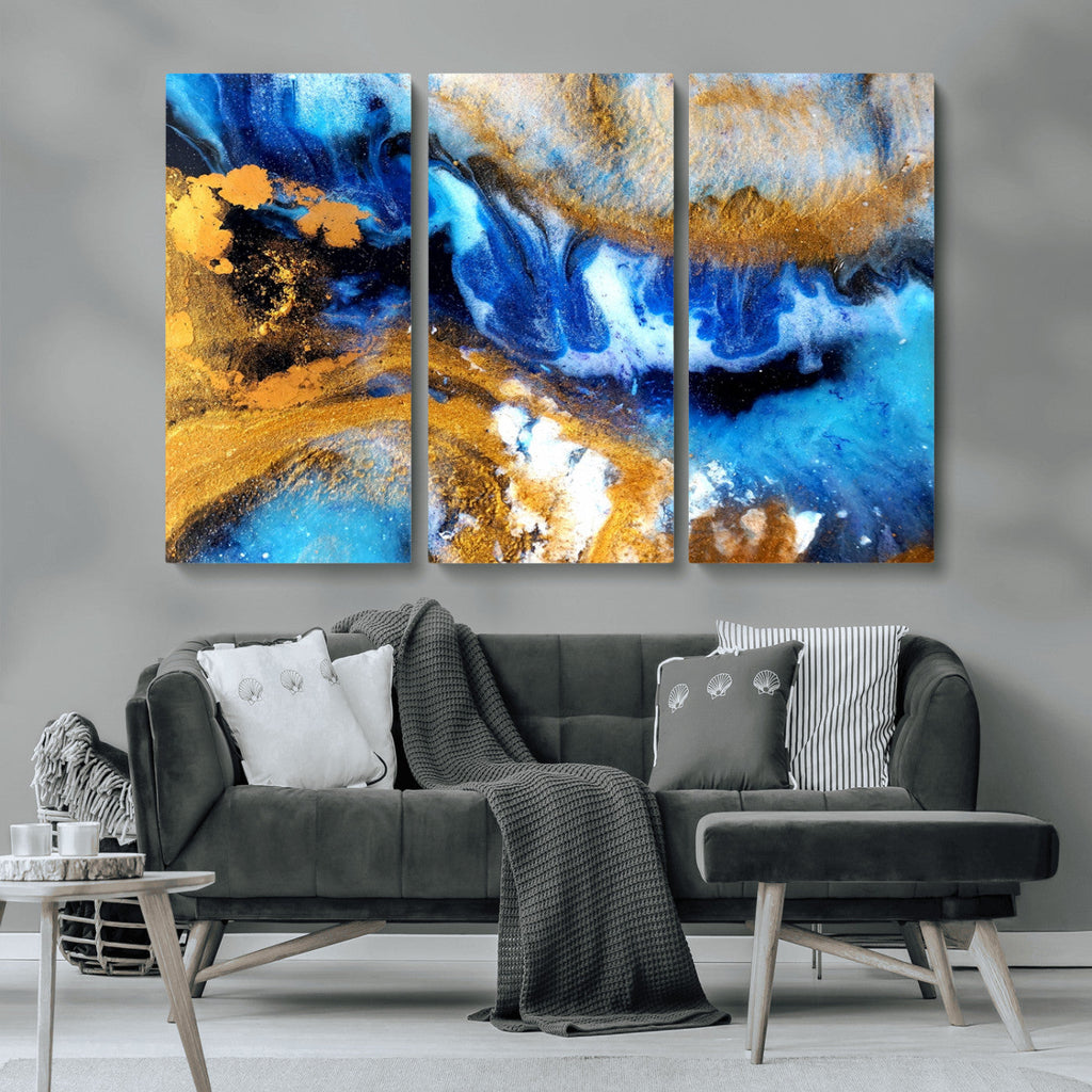 Blue Orange Marble Fluid Effect Canvas Wall Art Print