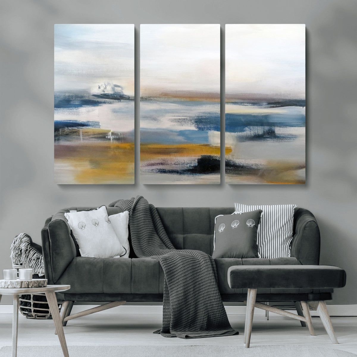 Abstract Landscape Wall Art Canvas | 3 Panel Modern Blue, Gold and White Canvas Art