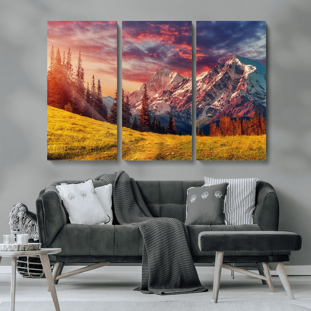 Mountain and Daylight Red Sunset Wall Art Canvas Print