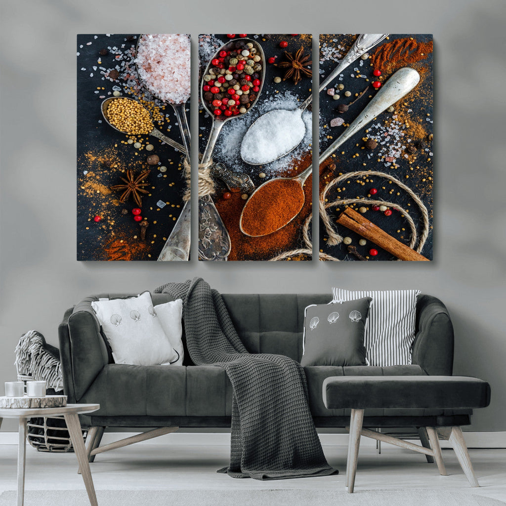 Spices and Seasonings Canvas Wall Art | Colorful Triptych Kitchen Decor