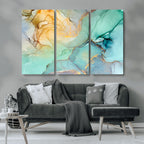 Abstract Aqua and Gold Fluid Wall Art Canvas | 3 Panel Large Canvas Print