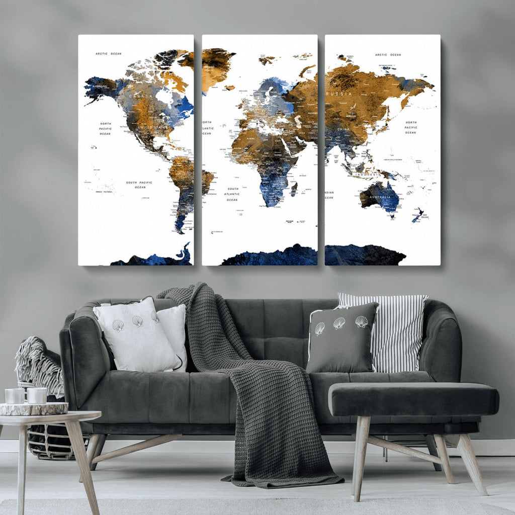 Modern Abstract World Map Canvas Wall Art | Framed Blue and Gold Map Print
