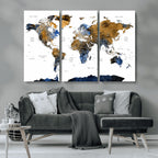 Modern Abstract World Map Canvas Wall Art | Framed Blue and Gold Map Print