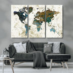 Vintage World Map Wall Art Canvas Print, Framed Rustic Earth Tone Map