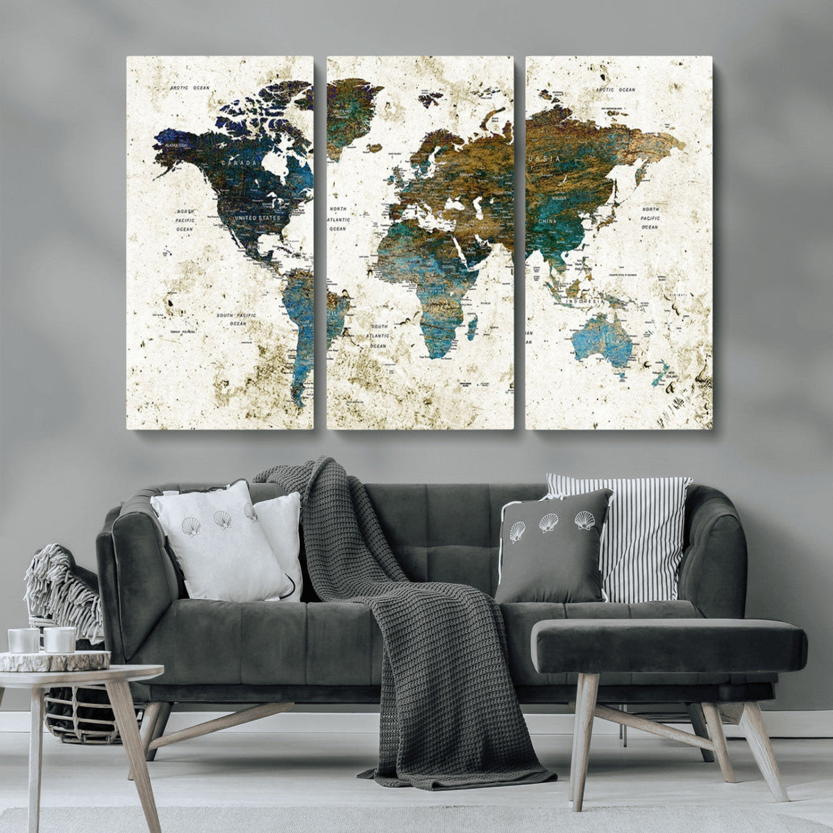 Vintage World Map Wall Art Canvas Print, Framed Rustic Earth Tone Map