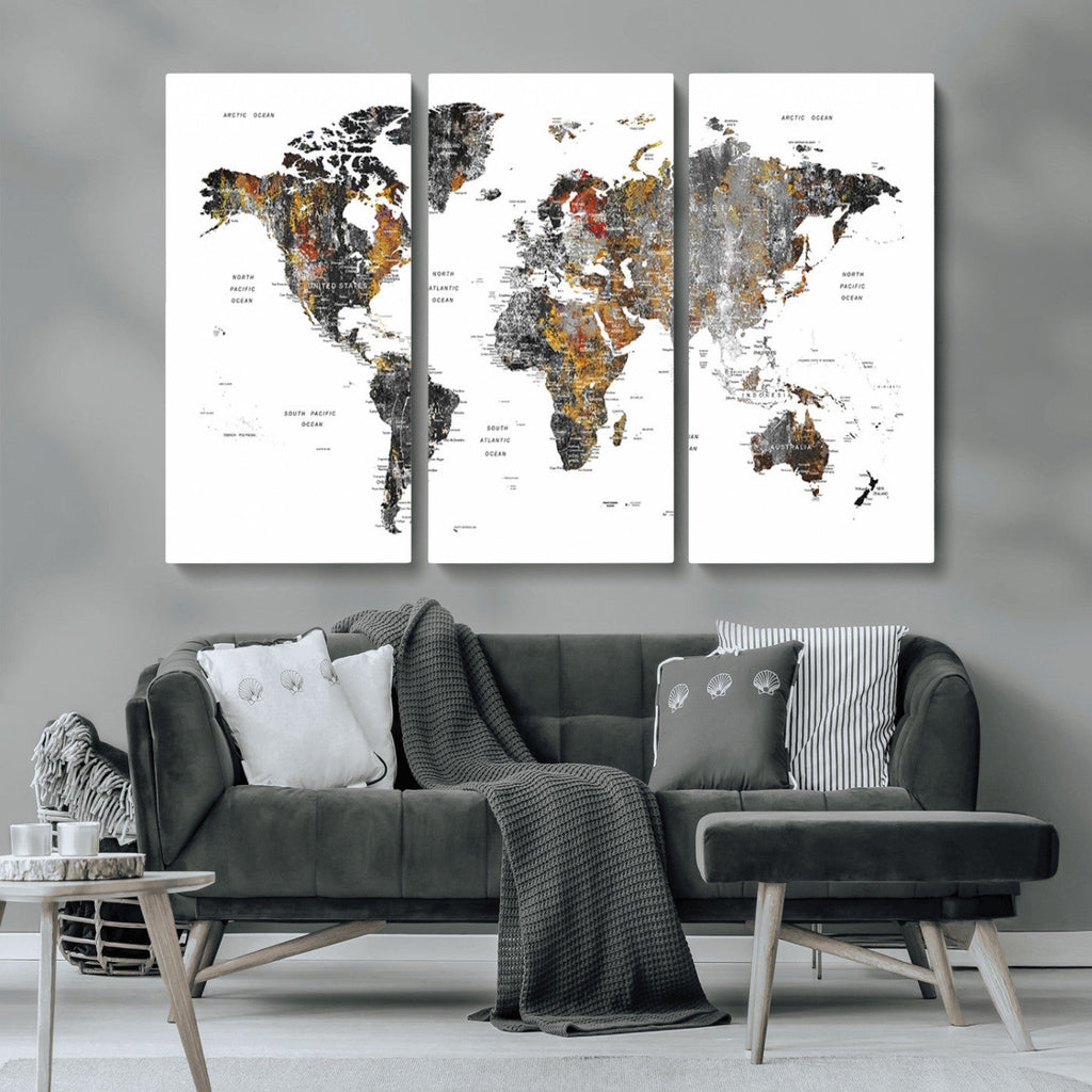 Modern Metallic World Map Canvas Wall Art | Framed Contemporary World Map Print