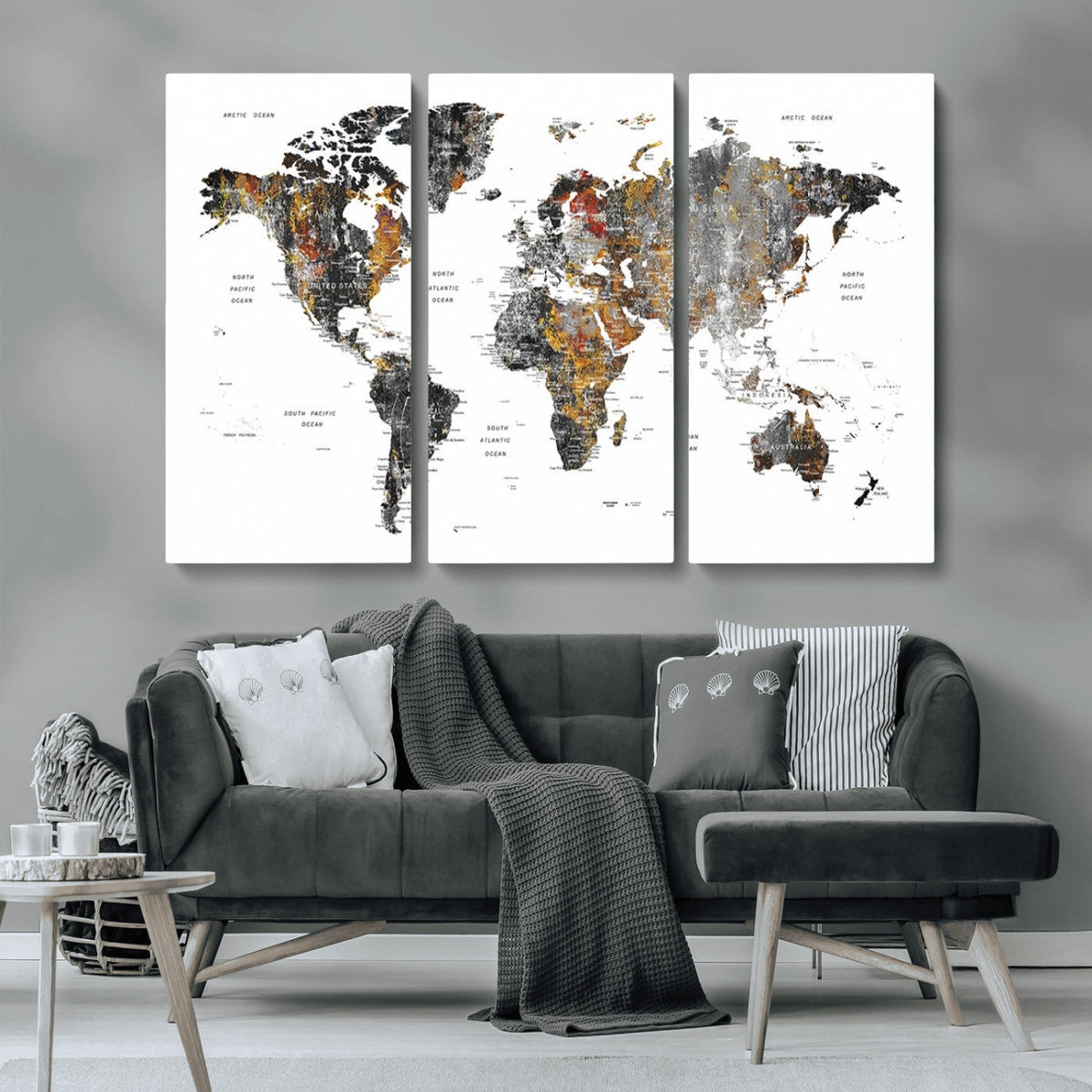 Modern Metallic World Map Canvas Wall Art | Framed Contemporary World Map Print