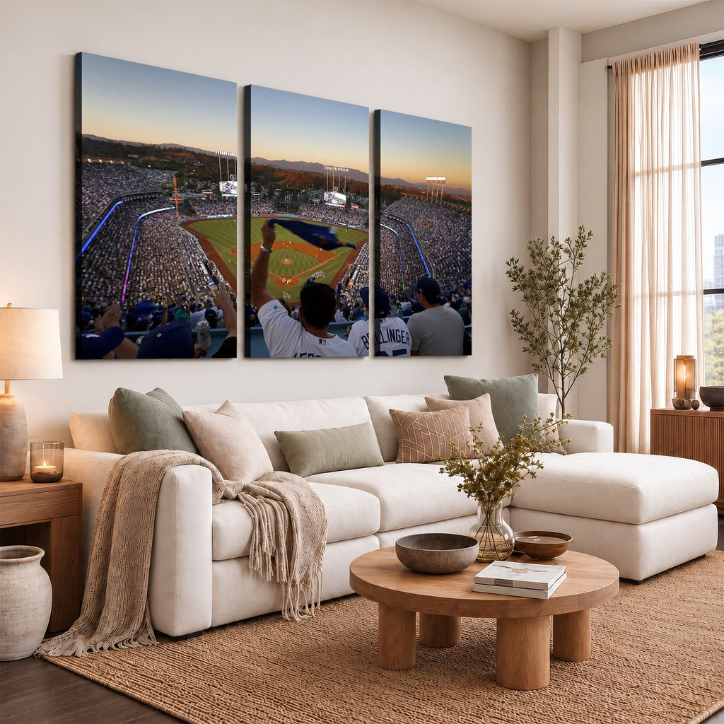 Dodger Stadium Sunset Game Triple Canvas Wall Art, Los Angeles Dodgers MLB Match