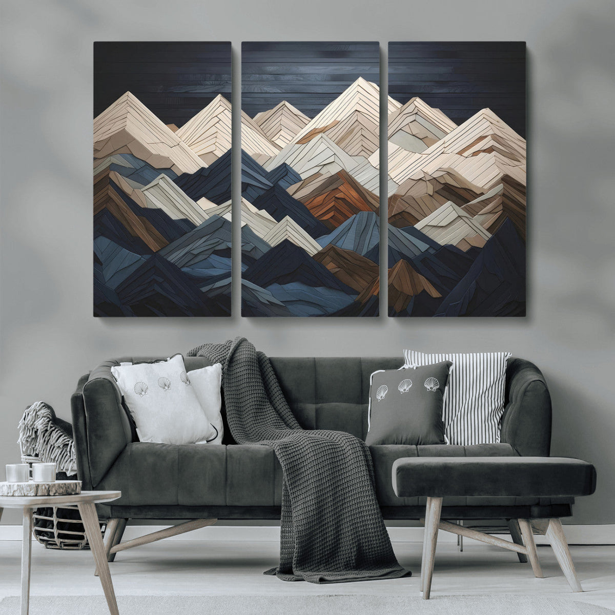Rustic Mountain Landscape Wall Art Canvas Print, Framed 3D Wooden Effect Mountain Art