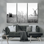 Vintage Farmhouse Black and White Triptych Wall Art, Giclee Canvas with Wheat Fields, Hay Bales and Windmill
