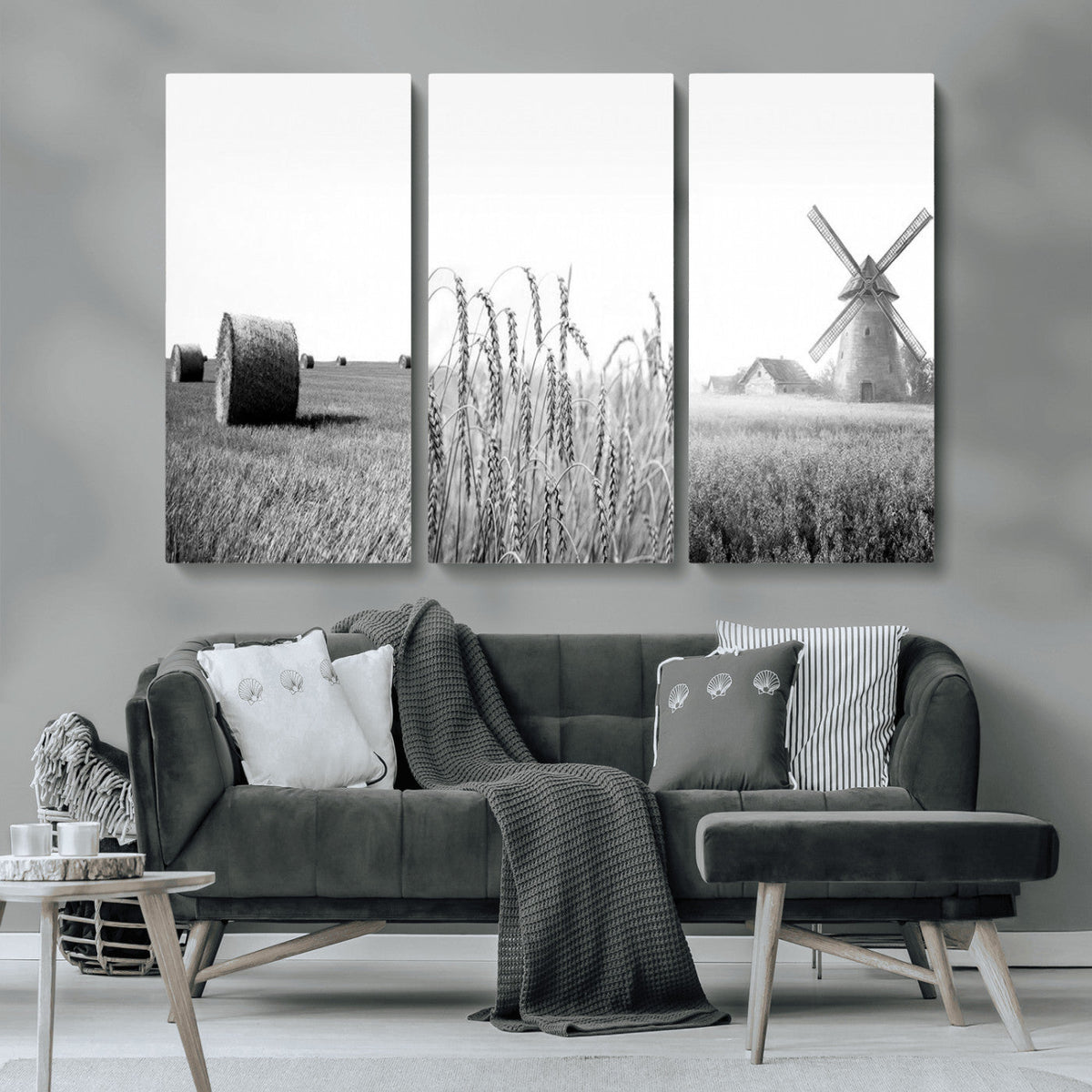 Vintage Farmhouse Black and White Triptych Wall Art, Giclee Canvas with Wheat Fields, Hay Bales and Windmill
