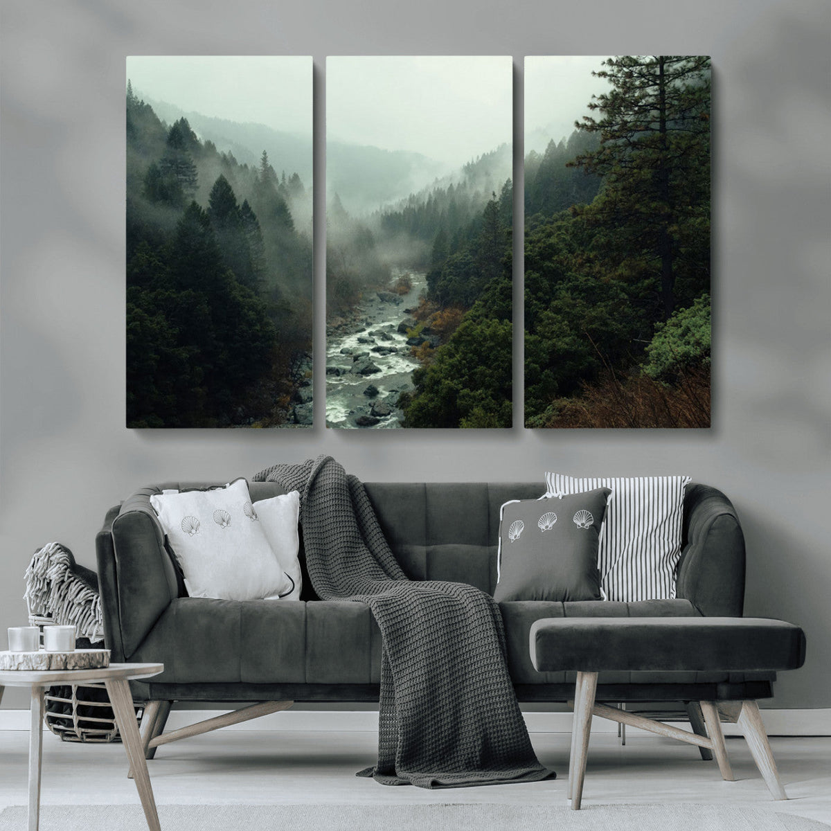 Misty Forest Wall Art, Tranquil Nature Landscape, Ready to Hang | Extra Large 3 Piece Canvas Wall Art