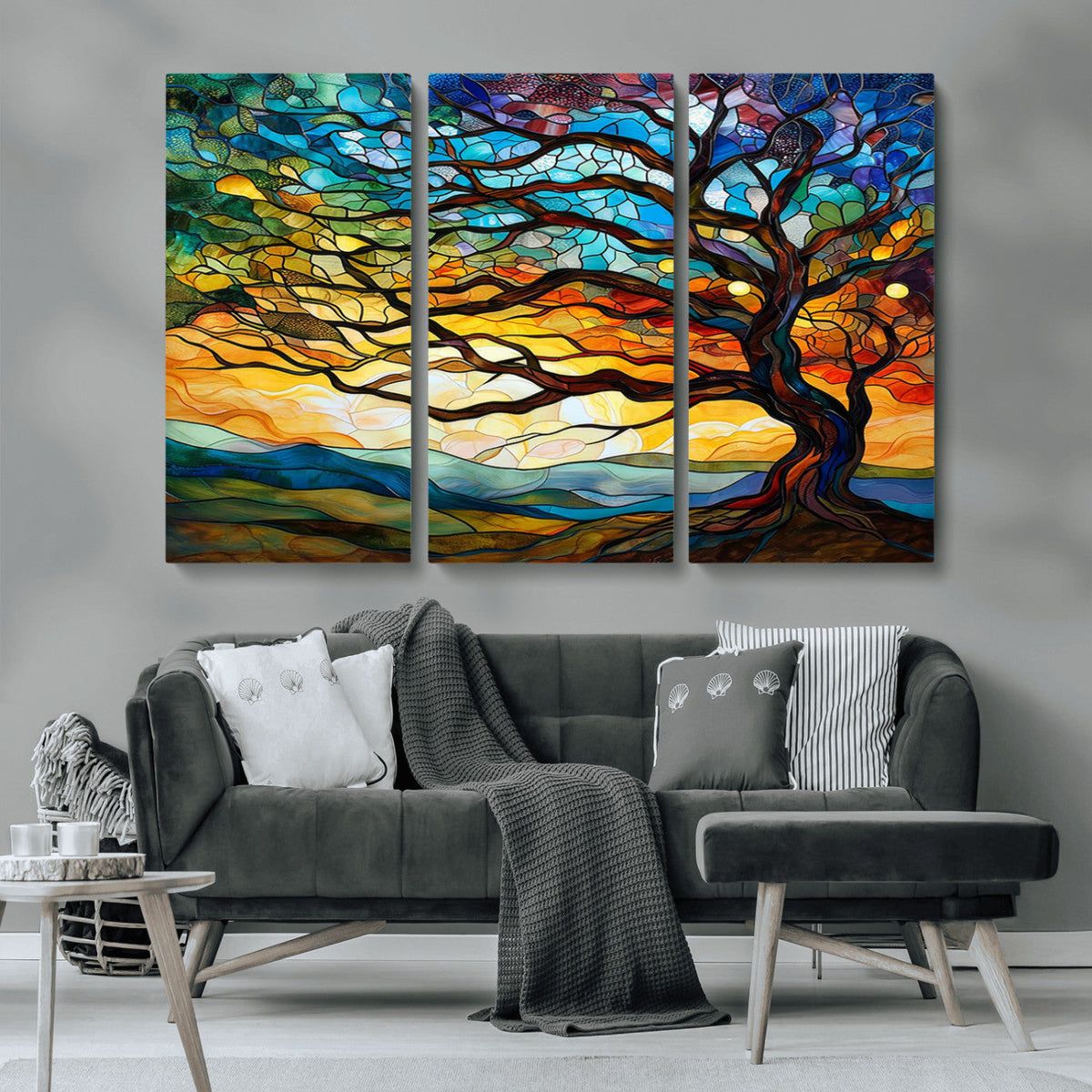 Vibrant Mosaic Tree of Life Wall Art, Stained Glass Style Canvas Print