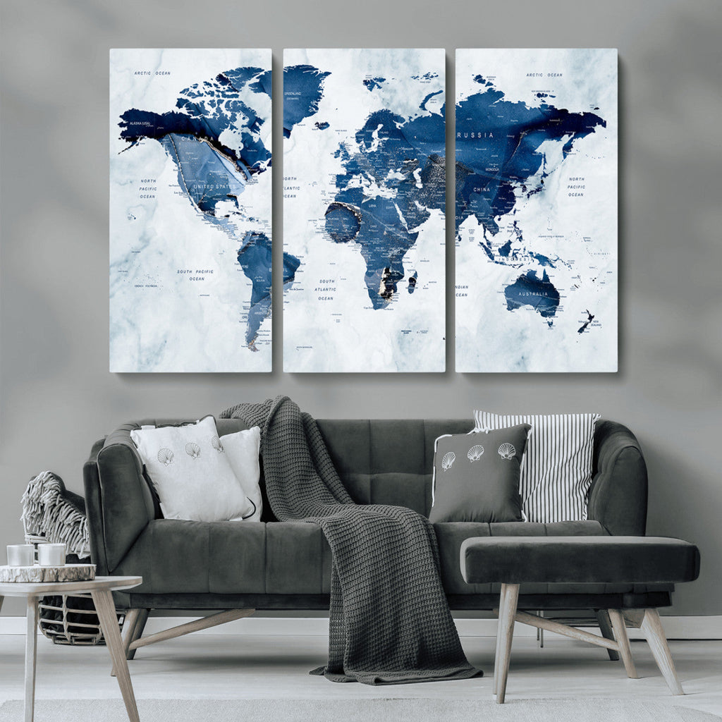 Modern Blue World Map Canvas Print | Elegant Travel Map Wall Art for Home Office